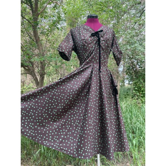 Vintage 1940s Brown Polished Cotton Floral Dress Art Deco - Picture 14 of 16